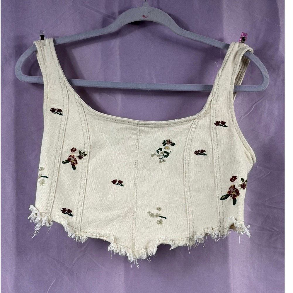 Banjara Cream Denim Floral Embroidered Corset Crop Top Back Zip Medium